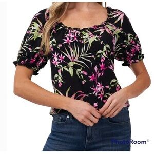 CeCe Serene Square Neck Floral Blouse Black Pink Size Large